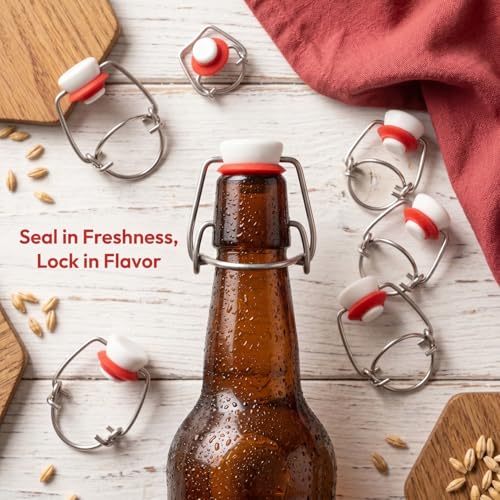 6Pcs Swing Top Bottle Caps for Glass Beer Bottles Airtight Flip Stoppers Reusable Wire Swing Caps for Home Brewing and Beverage Sealing