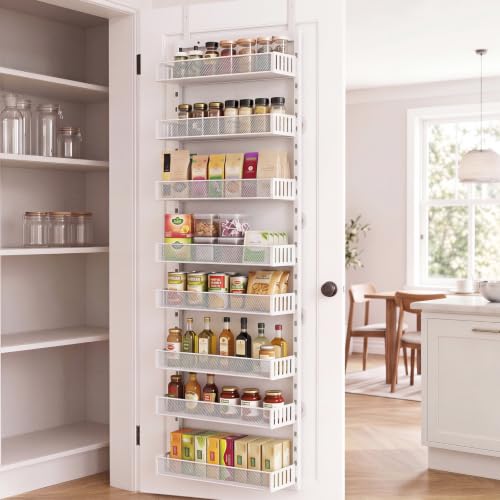 Over the Door Pantry Organizer, 8-Tier Heavy-Duty Door Spice Rack with Mesh Baskets, Height Adjustable & Anti-Swing Design, Pantry Door Organizers and Storage for Kitchen, Bathroom - color: white