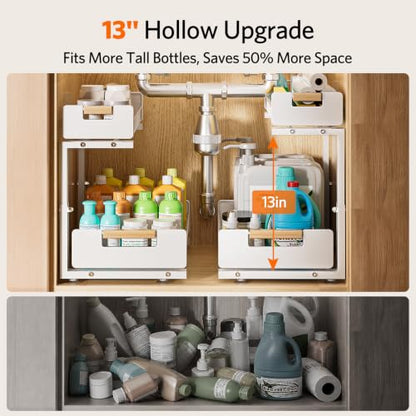 Delamu 2-Pack Under Sink Organizer, 2 Tier Pull out Under the Kitchen Sink Storage, Slide out Cabinet Organizer Shelf, Metal Sliding Drawer for Bathroom Pantry Closet Organization Rack, White