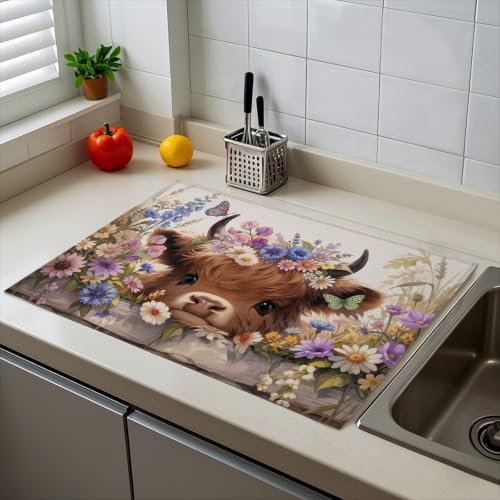 Absorbent Kitchen Dish Drying Mat Quick Dry Heat Resistant Hide Stain for Glasses Coffee Espresso Machines Pots Pans and Dish Racks,18" x 24" Cute Highland Cow Flower Pattern - color: Cute Highland Cow Flower