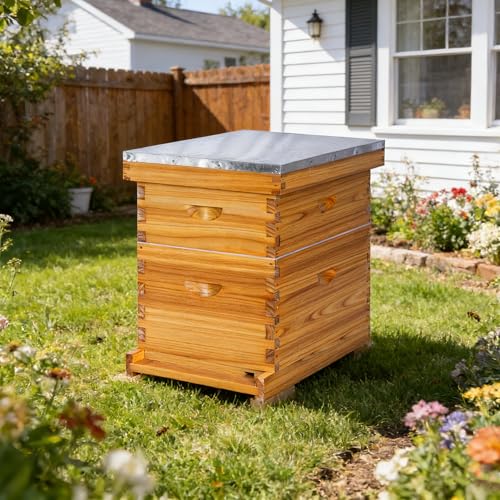 Honey Lake 8-Frame Beehive Complete Bee Hive Boxes Starter Kit Dipped in Beeswax Includes Beehive Frames and Waxed Foundations Sheets (1 Deep Brood Bee Box & 1 Medium Super Box)