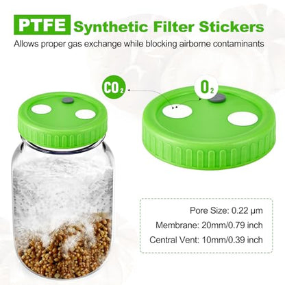 FOUR E'S SCIENTIFIC 12 Pcs Mason Jar Lids | With 32 PTFE 0.22μm Filters & 25 Rubber Stoppers, Fit 86mm Wide Mouth Mason Jars
