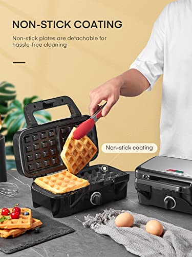 FOHERE 3-in-1 Sandwich Maker, 1200W Waffle Maker & Panini Press Grill, 3 Removable Non-stick Plates, 5-Gear Temp Control, Grilled Cheese Maker, Quick Breakfast, LED Indicators, Stainless Steel/Black - color: Silver