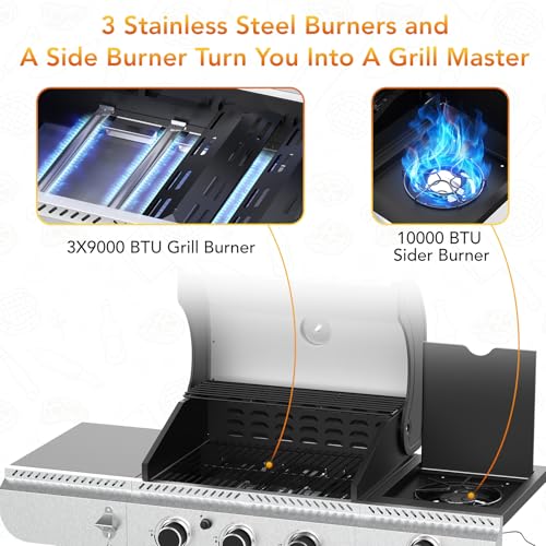 Electactic 3-Burner Propane Gas BBQ Grill with Side Burner,Stainless Steel Grill with Porcelain-Enameled Grates,34000 BTU Barbecue Grill, Suitable for Outdoor Cooking,Camping,Patio Backyard - size: 3 Burner Gas Grills with Side Burner