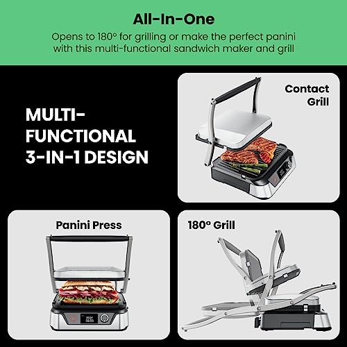 Chefman 5-in-1 Digital Panini Press Grill Sandwich Maker and Griddle Grill Combo with Removable, Reversible Dishwasher-Safe Grilling Plates, Opens 180° for Indoor BBQ /Flat Top Grill, Stainless steel - size: 4 Slice - Digital