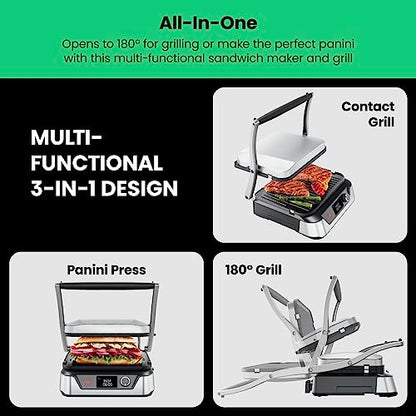 Chefman 5-in-1 Digital Panini Press Grill Sandwich Maker and Griddle Grill Combo with Removable, Reversible Dishwasher-Safe Grilling Plates, Opens 180° for Indoor BBQ /Flat Top Grill, Stainless steel - size: 4 Slice - Digital