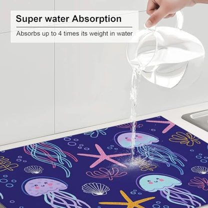 Cute Jellyfish and Starfish Dish Drying Mat for Kitchen Counter Microfiber Absorbent Reusable Washable 18x24in - color: Cute Jellyfish And Starfish
