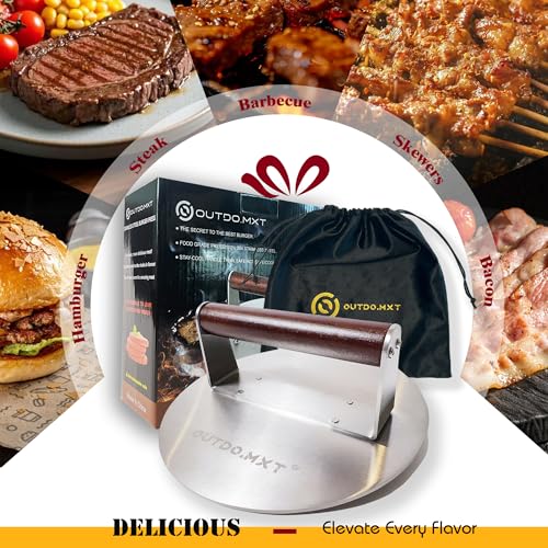 Stainless Steel 8.5" Smash Burger Press, Heavy Duty 2.5lb Burger Smasher with Wooden Handle and Velvet Fabric Storage Bag for Griddle,Grill Press for Hamburger, Bacon,Barbecue Grilling Tool - size: Stainless Steel 8.5-Inch Round