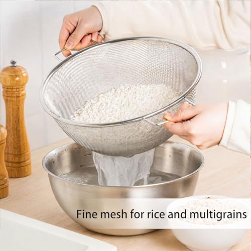 304 Stainless Steel Rice Washing Bowl and 40 Mesh Strainer Set, 3.5QT | 40-mesh strainer helps prevent grain loss while measurement marks and sturdy handles make rinsing and draining easier. - color: true