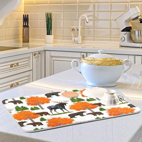 Bear Moose Trees Dish Drying Mat for Kitchen Counter Super Absorbent Draining Mat with Non-slip Backed Sink Tray Mat for Countertops Sinks Draining Racks Dish Bottles Cups Bowl