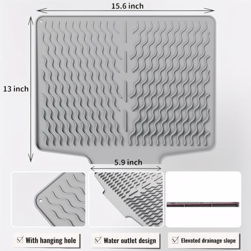 Silicone Dish Drying Mat for kitchen Countertop, Heat Resistant Mats, Dish Drainers for Kitchen counter, Hot Pot Holders, Dish Drying Rack with Built in Drain,(Gray, 15.6"x13") - color: Gray