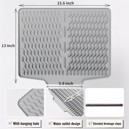 Silicone Dish Drying Mat for kitchen Countertop, Heat Resistant Mats, Dish Drainers for Kitchen counter, Hot Pot Holders, Dish Drying Rack with Built in Drain,(Gray, 15.6"x13") - color: Gray