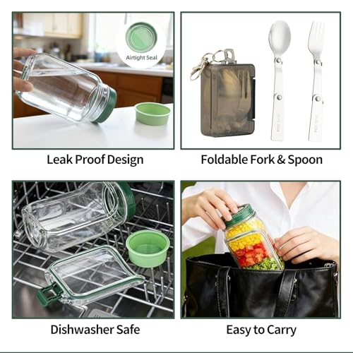 Salad Jar with Side Opening, Mason Jar Pod Lunch Container for Meal Prep, Leakproof Airtight Salad Shaker with Dressing Container, BPA Free & Dishwasher Safe for Office & Travel