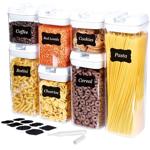 Airtight Food Storage Container Set, 7 Pieces Clear plastic cereal Canisters, easy lock Lids, kitchen pantry organization and storage, BPA free plastic, Included 24 labels & Marker