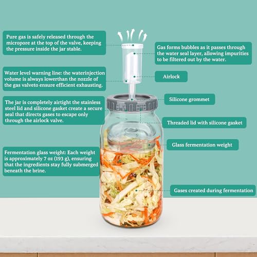64oz/2L Fermentation Jar Kit with Fermenting Weights and Airlock Lids, Wide Mouth Glass Jars with Scale Mark for Making and Storing Sauerkraut, Pickles (Pack of 2) - size: 64oz * 2pack