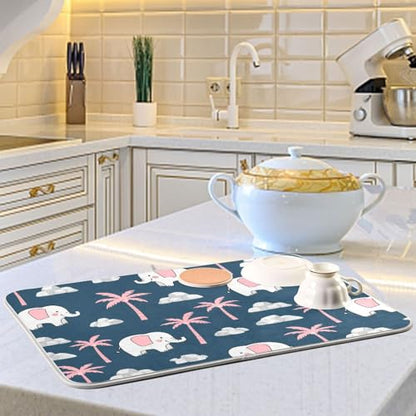 Elephant Coconut Tree Dish Drying Mat for Kitchen Counter Super Absorbent Draining Mat with Non-slip Backed Dish Drying Pad for Dish Bottles Cups Bowl Draining Racks Countertops Sinks