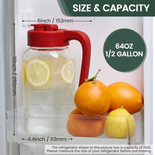 Mason Jar Pitcher - Airtight & Leakproof Glass Pitcher with Lid, Perfect for Breastmilk, Cold Brew, and Sun Tea, 2 Quart (64 oz) Mason Jar with Pour Spout Lid - color: Red