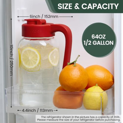 Mason Jar Pitcher - Airtight & Leakproof Glass Pitcher with Lid, Perfect for Breastmilk, Cold Brew, and Sun Tea, 2 Quart (64 oz) Mason Jar with Pour Spout Lid - color: Red