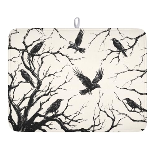 Halloween Crows Dish Drying Mat for Kitchen Counter Vintage Spooky Black Tree Branches Raven Pattern Microfiber Dish Drainer Mat Rustic Absorbent Washable Drying Pad 18"x24" - color: Halloween Crow, size: 24" x 18"