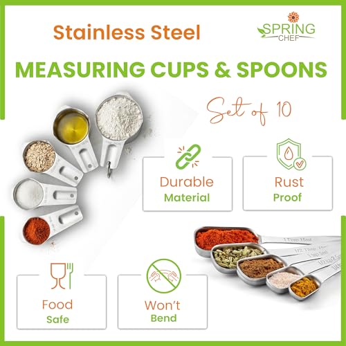 Spring Chef Stainless Steel Measuring Cups and Spoons Set of 10, Nesting Kitchen Metal Measuring Cups and Spoons Set for Dry and Liquid Ingredients, Perfect for Cooking & Baking - style: Cups & Spoons - Set of 10