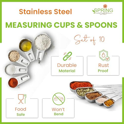 Spring Chef Stainless Steel Measuring Cups and Spoons Set of 10, Nesting Kitchen Metal Measuring Cups and Spoons Set for Dry and Liquid Ingredients, Perfect for Cooking & Baking - style: Cups & Spoons - Set of 10