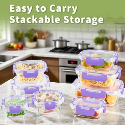 HOMBERKING 8 Pack Glass Food Storage Containers with Lids, Meal Prep Containers, Airtight Bento Boxes with Leak Proof Locking for Microwave, Oven, Freezer and Dishwasher, BPA Free, 5-35oz, purple - color: Purple