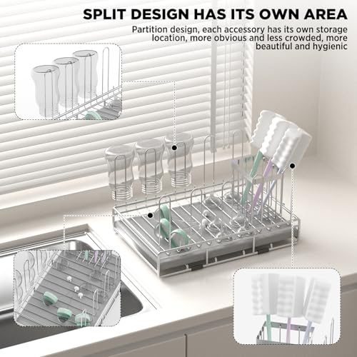 Baby Bottle Drying Rack Organizer Stainless Steel Large Countertop Glass Water Bottle Dryer Holder with Diatomite Stone Quick Dry Easy Clean and Brush Holder