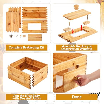 Juexica 10 Frame Deep Brood Bee Hive Box, Langstroth Beehive with Transparent Acrylic Windows, Bee Box Dipped in 100% Beeswax (Unassembled)