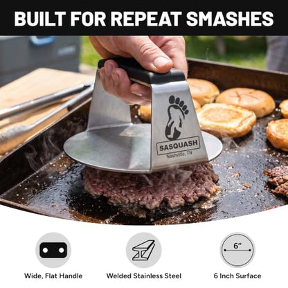 Sasquash Smash Burger Press, Heavy Duty Welded Meat Press Round, 6 Inch Stainless Steel, Flat Handle Hamburger Smasher Tool for Grill, Skillet, Cast Iron Cooking, Kitchen Accessories - size: 6" Press