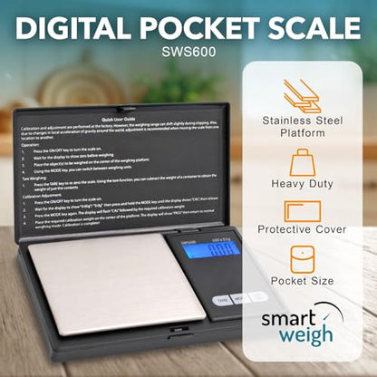 Smart Weigh SWS600 Elite 600g x 0.1g Digital Gram Scale, Pocket Sized Jewelry, Nutrition Kitchen, and School Scale, Slim Design, Black - size: 600g / 0.1g