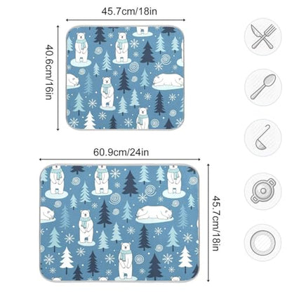 Polar Bears Trees Blue Dish Drying Mat for Kitchen Counter Super Absorbent Draining Mat with Non-slip Backed Drainer Mat for Countertops Sinks Draining Racks Dish Bottles Cups Bowl