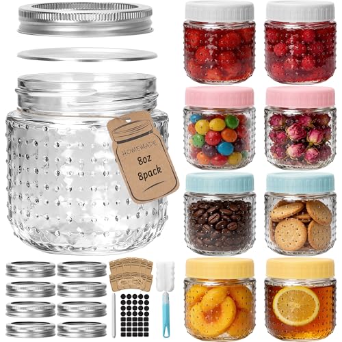 CycleMore 8oz - 8 Pack Mason Jars, Hobnail Design Canning Jars with Silver Metal & Colorful Plastic Lids, Glass Storage Jars for for Storing, Jam, Pickling, Crafts, Home Decor & DIY Gifts - size: Hobnail 8oz - 8 Pack
