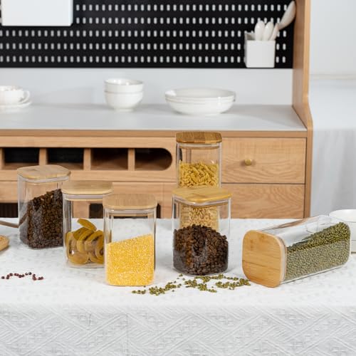 D2scrma 50oz Airtight Glass Square Storage Canister with Bamboo Lid Set of 3 (1500ml) Container Stackable Spice Jar, Kitchen Canister for Flour, Cookies, Cereal and Coffee beans (‎with Black Lable) - size: 50oz*3