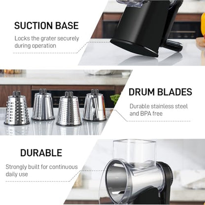 VEKAYA Rotary Cheese Grater Hand Crank with 4 Interchangeable Stainless Steel Blades, Large Manual Handle Shredder and Waffle Slicer for Vegetables, Cheese and Nuts with Table Suction Base (Black) - color: Black