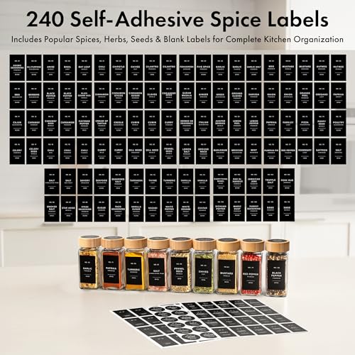 EDELHAUS® Square Spice Jars with Bamboo Wooden Lid (Pack of 24) Spice Jars with Shaker Insert and 240 Labels - Bamboo Lid Glass Container for Spice Organisation [4.3 in × 1.8 in] - color: Black Spice Labels