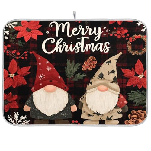 Checkered Christmas Floral Gnomes Dish Drying Mat for Kitchen Counter Drainer Rack Mats for Dishes Washable Absorbent Draining Heat Resistant Pad for Countertop 18x24 - color: Checkered Christmas Floral Gnomes, size: 18'' x 24''