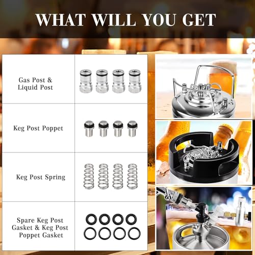 2 Pairs Ball Lock Keg Post, Stainless Steel Homebrewing Beer Cornelius Corny Keg Quick Disconnect Kegerator Gas + Liquid 19/32-18 Thread Adapter Poppet Spring Sealing Gasket Replacement Kit