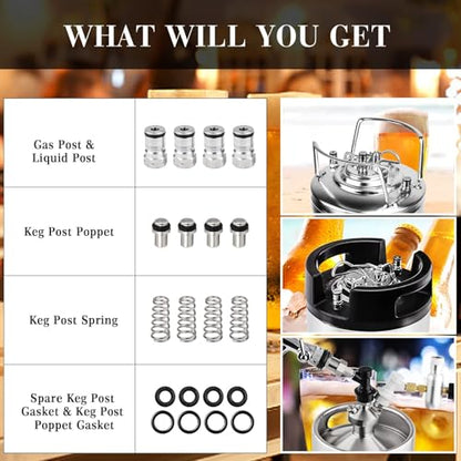 2 Pairs Ball Lock Keg Post, Stainless Steel Homebrewing Beer Cornelius Corny Keg Quick Disconnect Kegerator Gas + Liquid 19/32-18 Thread Adapter Poppet Spring Sealing Gasket Replacement Kit