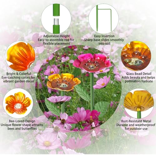 Bee Watering Station for Garden – 4 Pack Metal Flower Bee Bath with Decorative Bee, Butterfly Watering Station Cups with Glass Marbles – Butterfly Feeder for Outdoor Yard, Pollinator Water Feeder