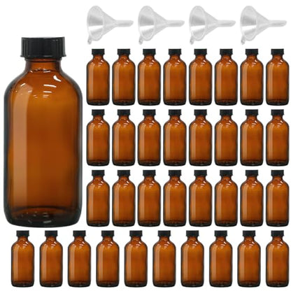 35 Pack 4oz Amber Glass Boston Round Bottles with Polycone Leak-Proof Phenolic Caps – Brown Airtight Refillable Containers for Homemade Vanilla Extract, Essential Oils, Herbal Medicine, and Syrups - size: 4oz