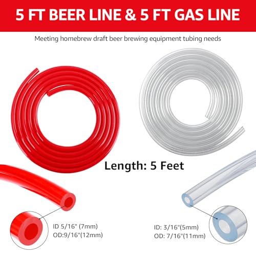 FERRODAY 5 FT 3/16" Beer Line Tubing & 5/16" CO2 Hose Beer Brewing Equipment Lines Replacement Kit, Durable Kegerator Parts Beer Hose with 4 Clamps - size: 5FT-Beer Gas Line