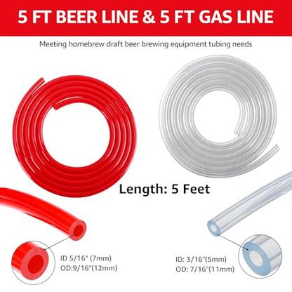 FERRODAY 5 FT 3/16" Beer Line Tubing & 5/16" CO2 Hose Beer Brewing Equipment Lines Replacement Kit, Durable Kegerator Parts Beer Hose with 4 Clamps - size: 5FT-Beer Gas Line