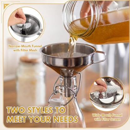 2 Sets Kitchen Stainless Steel Funnel Set Filter Funnel Wide Mouth and Narrow Mouth Each with Removable Fine Mesh Strainer Food Grade Cooking Kitchen with Handles for Liquids Jars Bottles