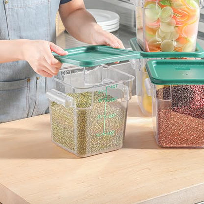 EGGKITPO 4 Pack 4 QT Food Storage Containers with Green Lids Hot Cold Resistant Stackable Square Commercial Container Set with Handle, Clear Scarle Home Party Business BPA-Free Polycarbonate - color: Green Lids, size: 4.0 QT