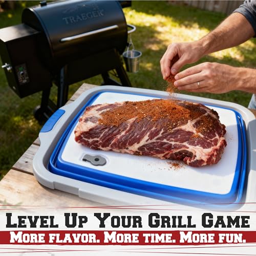 KITCHEN PERFECTION Collapsible XL Smoker & BBQ Prep Tub with Locking Lid & Cutting Board - Grill Caddy Container for Meat Marinating & Brine Perfect For Brisket, Turkey & Ribs - Best Gift For Men - color: Classic Blue