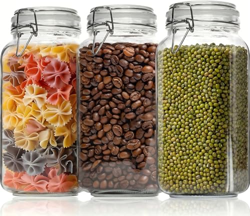 78oz - 3 Pack Square Glass Jars with Airtight Lid, Wide Mouth Mason Jars with Clamp Lids, Air Tight Glass Canisters, Best Food Storage Containers for Flour, Sugar, Cereal, Pasta, Rice, Coffee, Spice - color: Square-78OZ Set-3 Pack