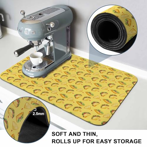 Yellow Tacos Dish Drying Mat for Kitchen Counter, Drying Mats Super Absorbent Microfiber Kitchen Countertop Protector Dishes Pad 12"x16", Cheese Vegetables Cartoon Food - size: 16" x 12"