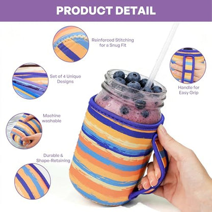 KJQJLY 4 Pcs Mason Jars Sleeves Neoprene 32oz Regular and Wide Mouth Mason Jar Sleeves Holder with Handle (rainbow, 32 OZ) - color: rainbow, size: 32 OZ