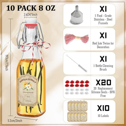 8oz Swing Top Glass Bottles for Vanilla Extract - 10 Pack Airtight Square Clear Jars with Leak-Proof Lids, DIY Kit with Stickers & Funnel - color: 10PC-8OZ-Square