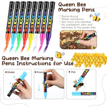 Qualirey 19 Pcs Queen Bee Marking Kit with Bee Marking Bottles Stainless Steel Queen Catcher Cage and Clips Marker Pens Beehive Entrance Gate Bees Cell Cups Push Pins for Beekeeping Supplies Tools